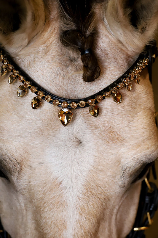 Close-up of horse wearing golden raindrop browband with large crystals on black leather strap