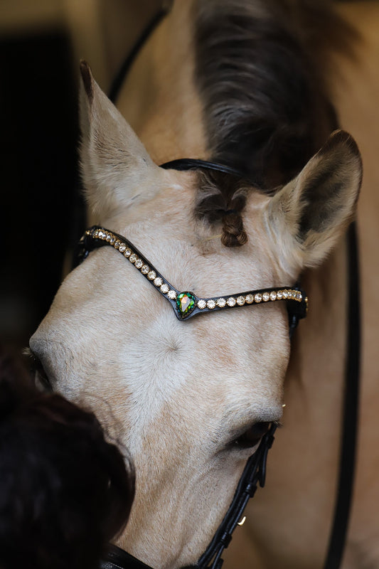 Sonia single Aurora headband with Italian leather, clear stones, and large Aurora crystal on horse bridle