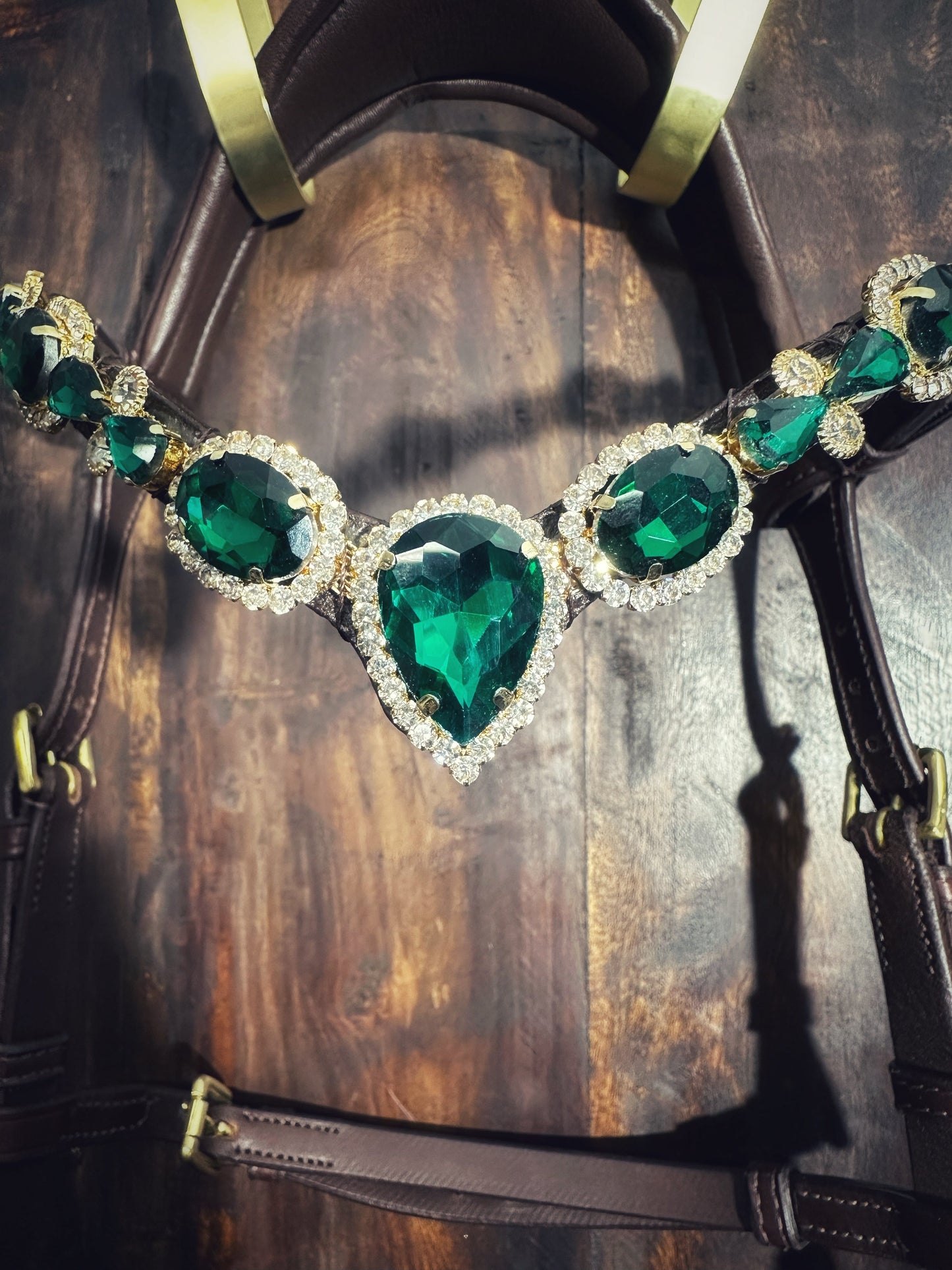 Fairy Queen browband with deep jade green crystals and Italian leather, accented by clear sparkling crystals for elegant equestrian style