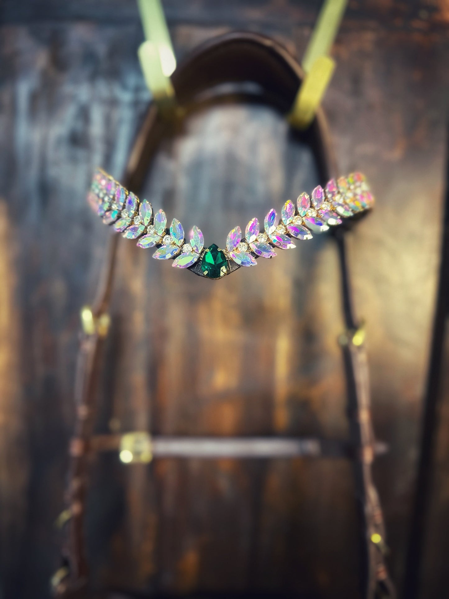 Frosty Jade Italian leather equestrian headband with rainbow-white stones and central teardrop crystal