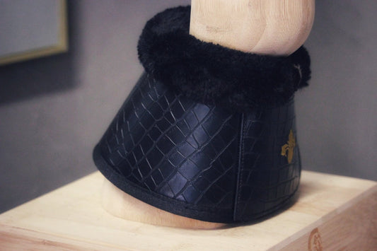 Onyx Bell boots in faux croc leather with black mink fleece padding and gold embroidered Lily logo, set of two