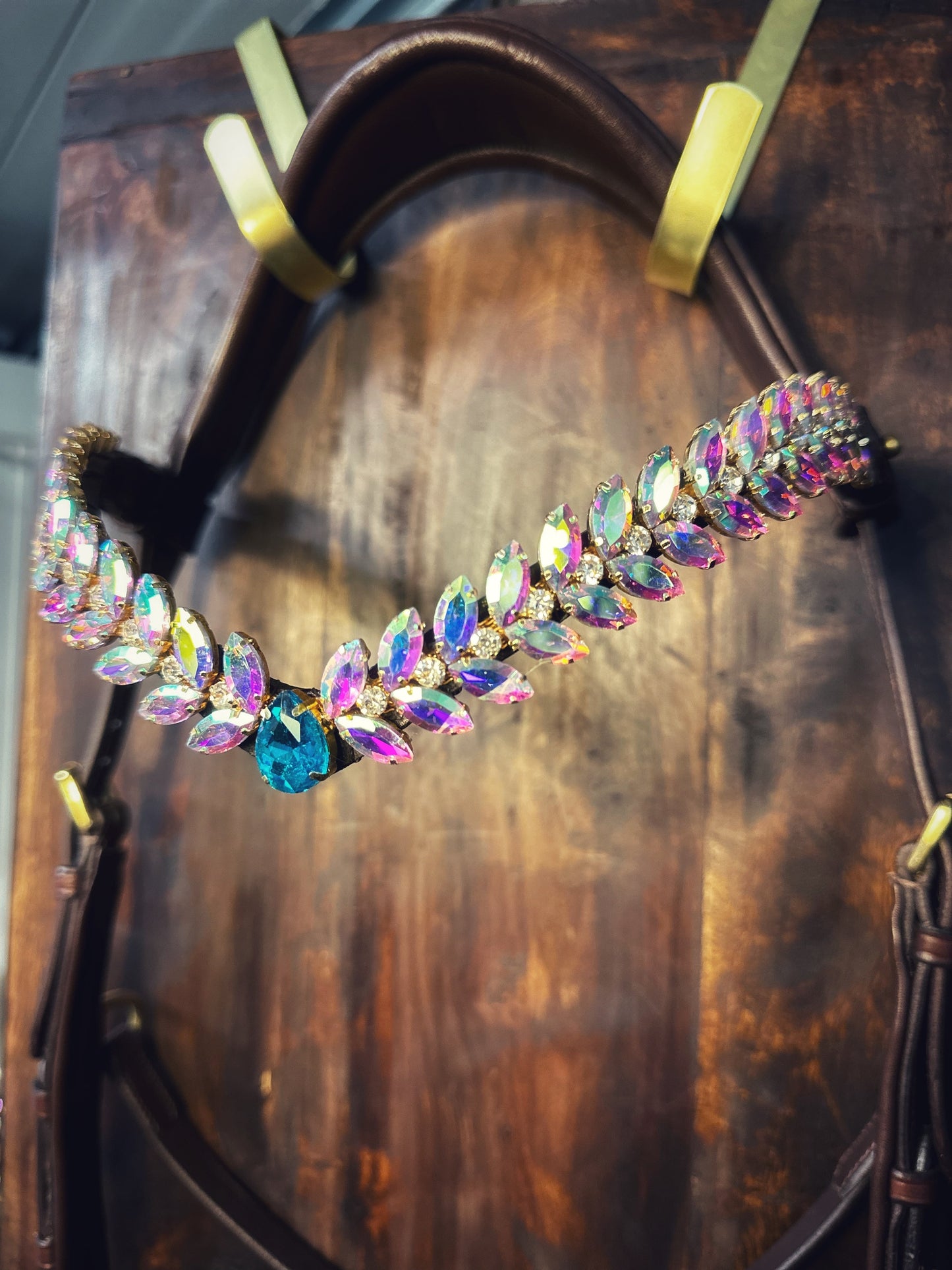 Rainbow Sea Italian leather equestrian headband with sparkling rainbow-white stones and central teardrop crystal