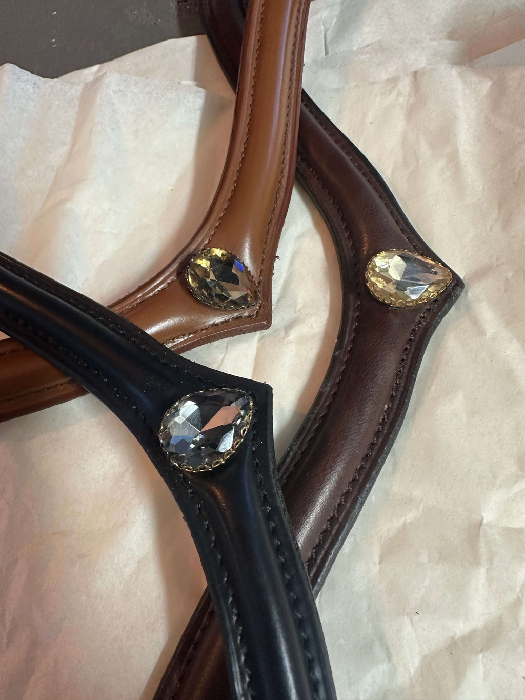 Stella browband in brown and black Italian leather with golden and grey crystals, brass details, versatile size.