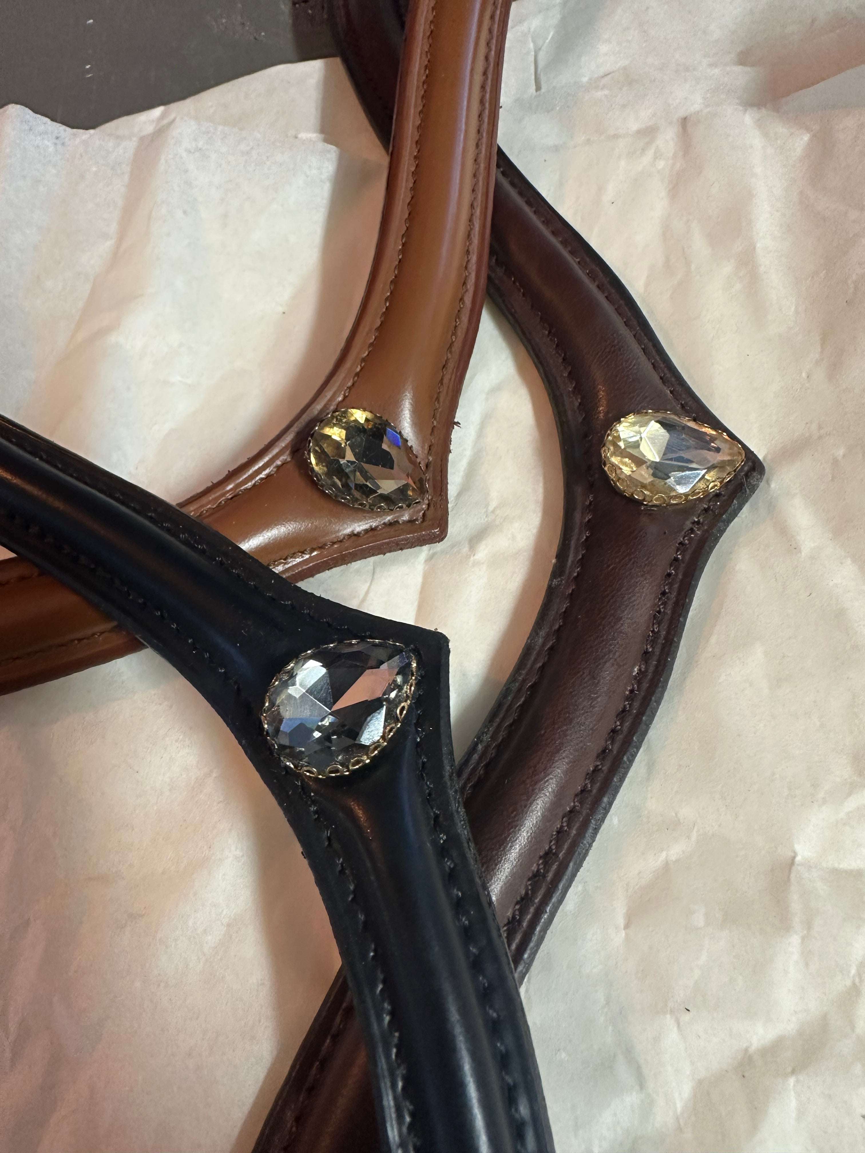Stella browband in brown and black Italian leather with golden and grey crystals, brass details, versatile size.