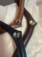 Load image into Gallery viewer, Stella browband in brown and black Italian leather with golden and grey crystals, brass details, versatile size.
