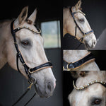 Load image into Gallery viewer, Spiritandhiscrew X MASEGO elegant multi-function bit to bitless black leather horse bridle with crystal browband and brass fittings
