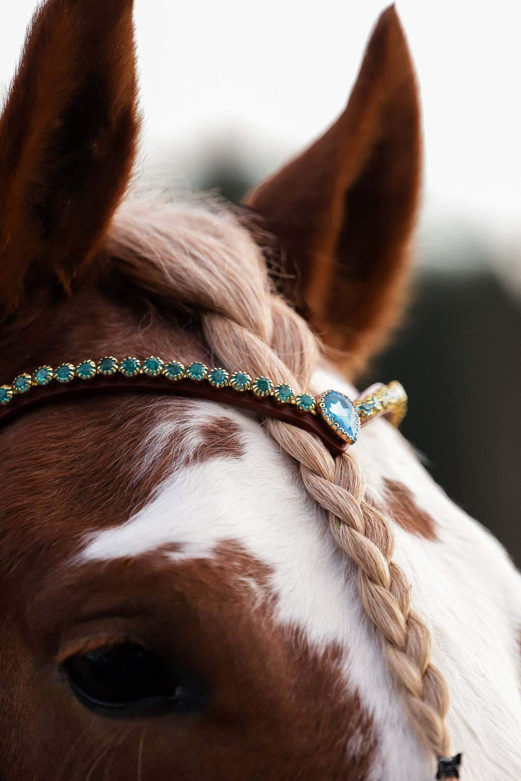 Ocean pearl horse browband with turquoise crystals and teardrop centerpiece on premium Italian leather