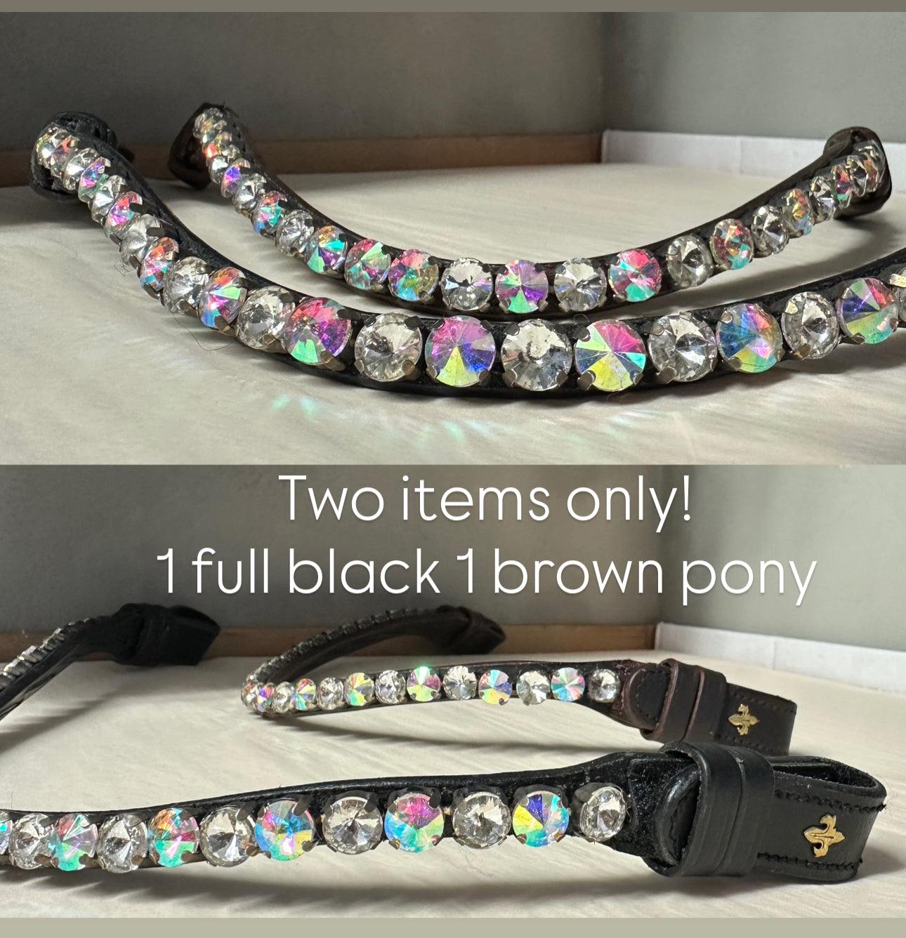 Chunky Swarovski Ice crystal browbands with 10mm pyramid-shaped crystals on black and brown leather straps
