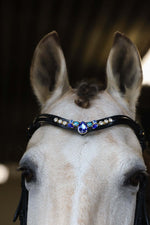 Load image into Gallery viewer, Close-up of horse wearing black bridle with indigo starling blue gemstone decoration
