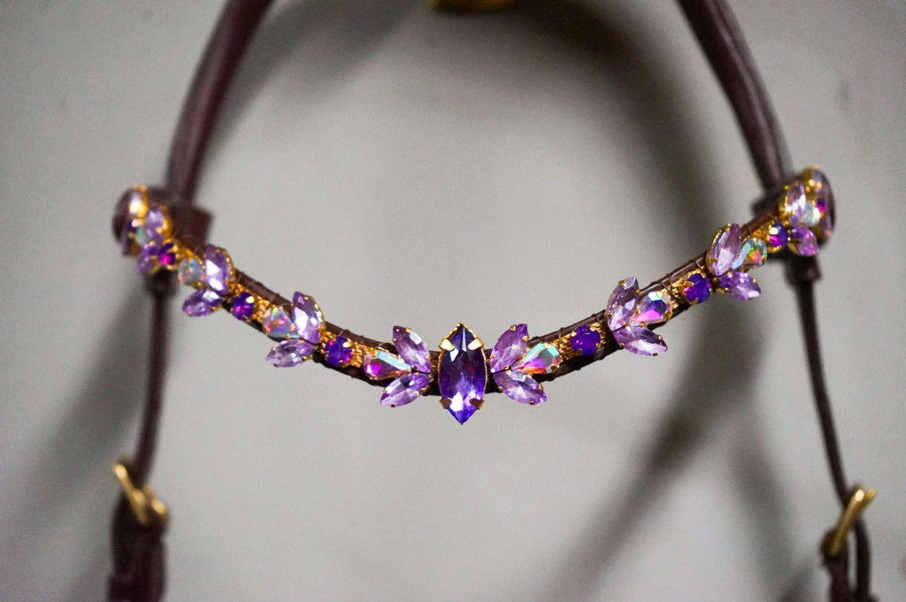 Royal Amethyst soft leather hand-stitched accessory with crystal chain and brass hardware