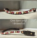 Chunky Swarovski Berries browband with 10mm pyramid-shaped crystals in brown, red, and cream on leather with brass logo