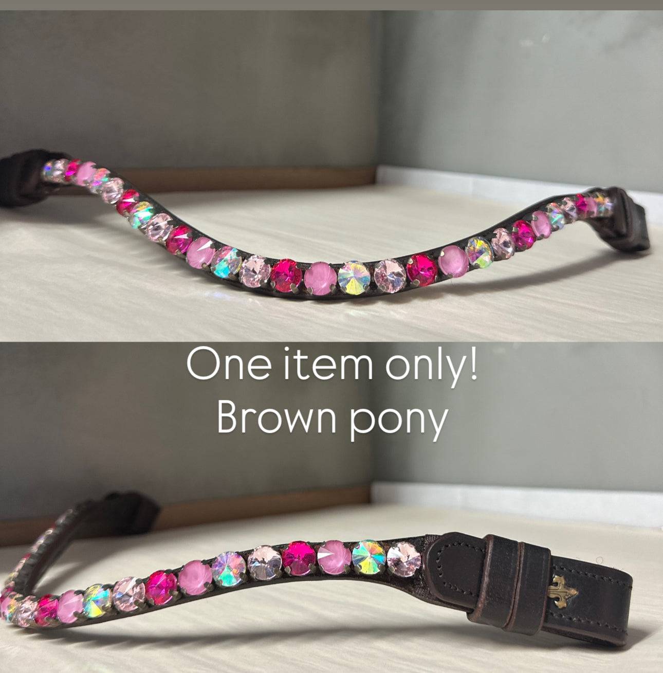 Chunky Swarovski Strawberry milkshake browband with 10mm pink and clear crystals on brown leather with velcro and leather loop closure