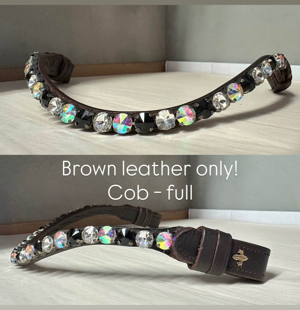Chunky Swarovski Onyx and Ice browband with 10mm pyramid-shaped crystals on brown leather and brass logo detail
