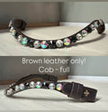 Chunky Swarovski Onyx and Ice browband with 10mm pyramid-shaped crystals on brown leather and brass logo detail
