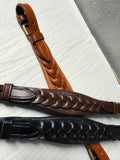 Braided nosebands for hackamore bridles with flat braided design, soft padding, and brass hardware in multiple colors