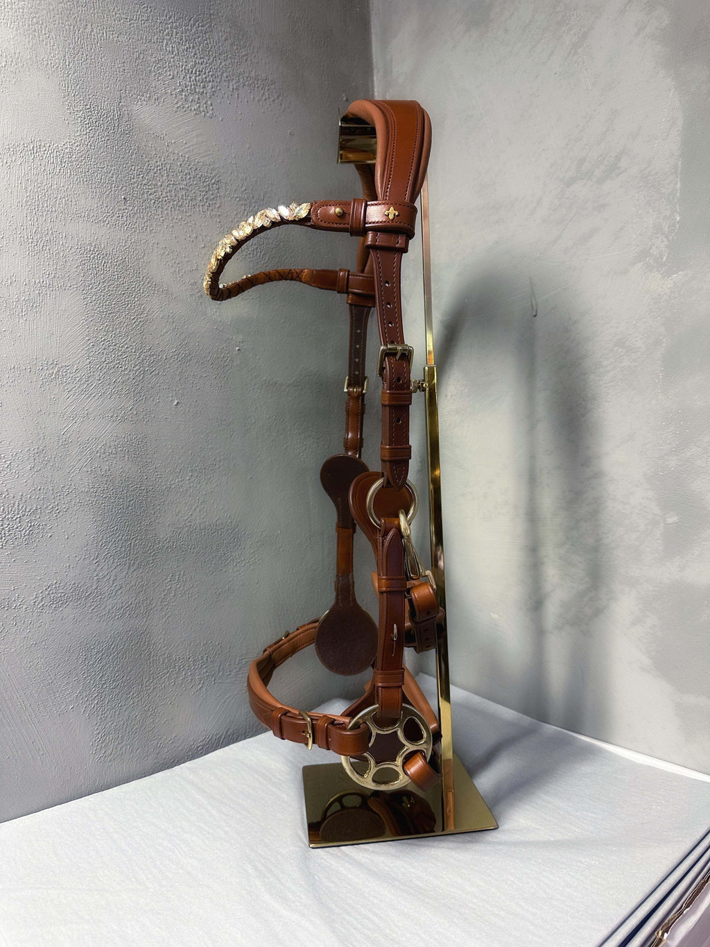 Bella Starwheel hackamore in cognac Italian leather with padded nose and neck, brass hardware, and decorative starwheel detail.