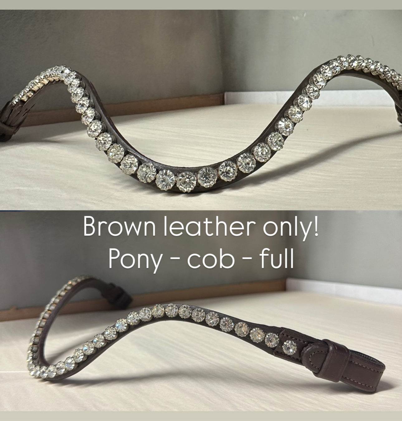 Sample 8 mm clear crystal browband with Italian brown leather, pony to full size options