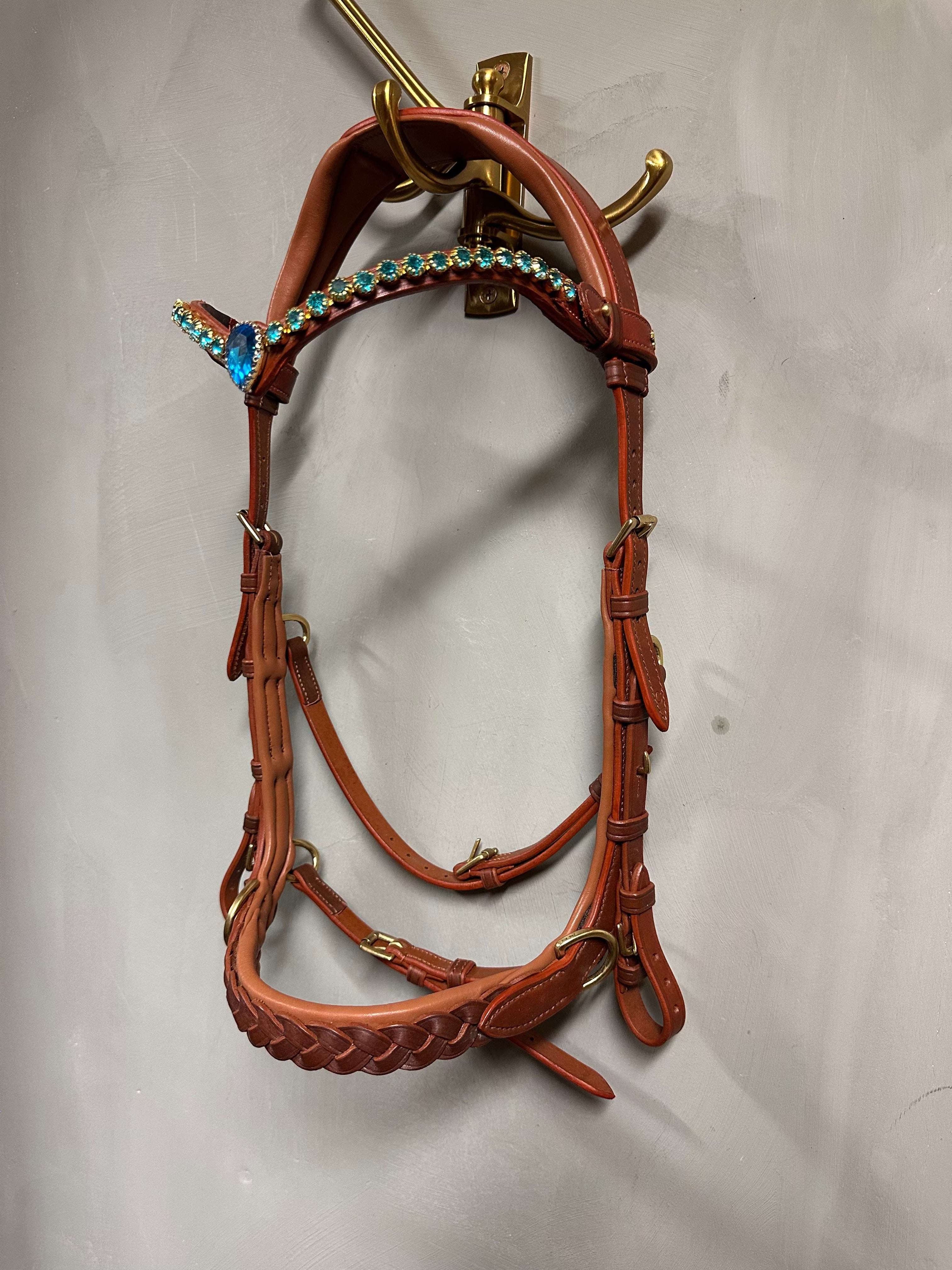 Odessa Bonita MB tobacco colored multi bridle with uneven neckpiece and included Ocean Pearl browband