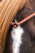 Cherry Diamond Italian leather headband with 8mm clear stones and large burgundy crystal on horse bridle