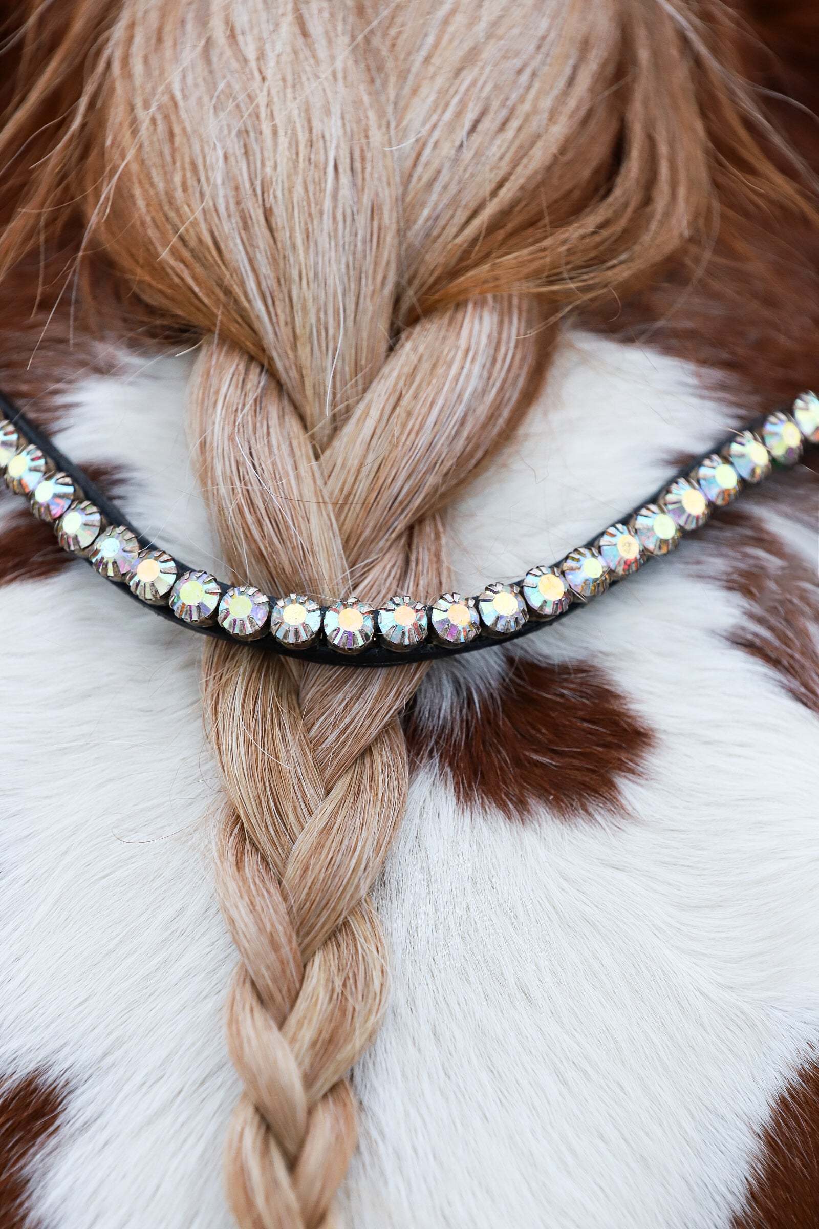 White rainbow U-shape browband with 8mm rainbow crystals and Italian leather