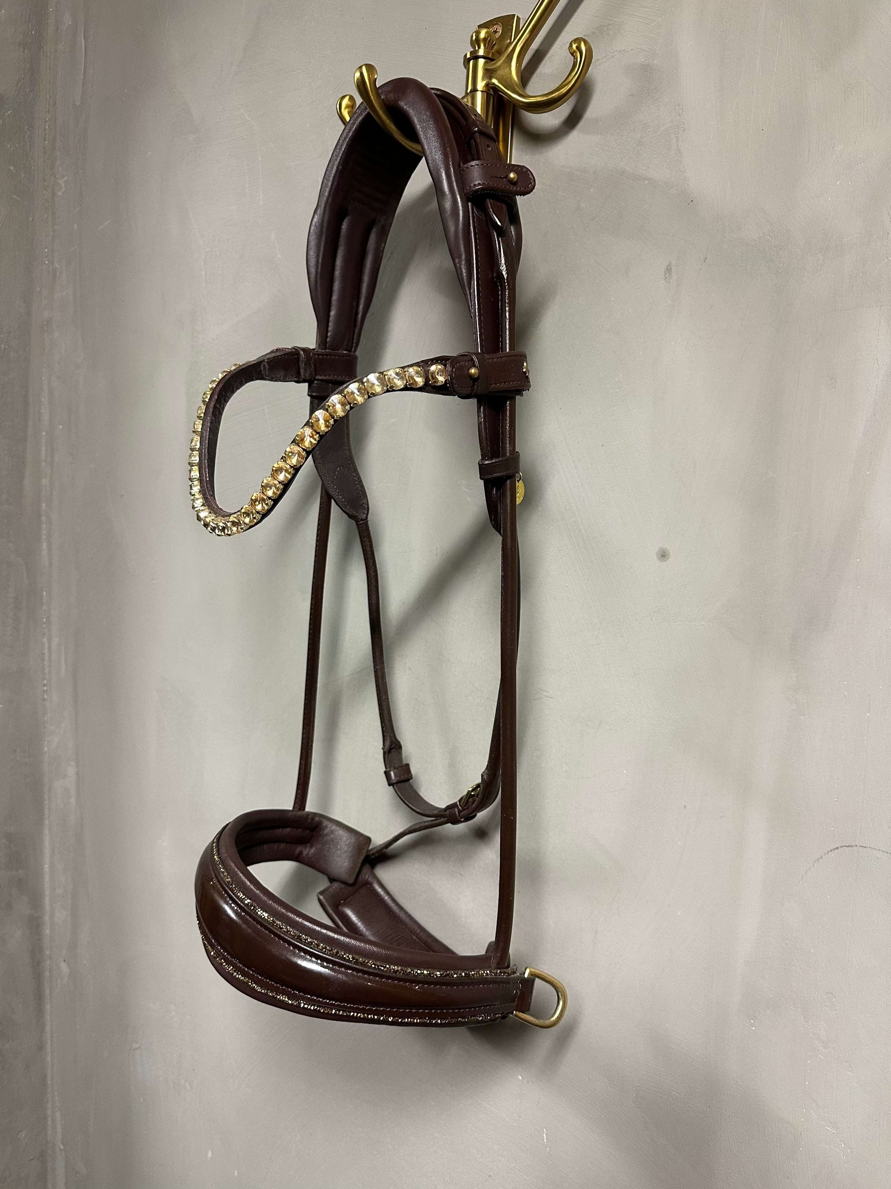 PRE-LOVED Dova sparkling brown sidepull with brass details and gold glitter patent noseband in full size