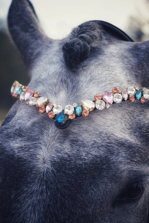 Ania browband with multi-colored stones on gray horse made of premium Italian leather