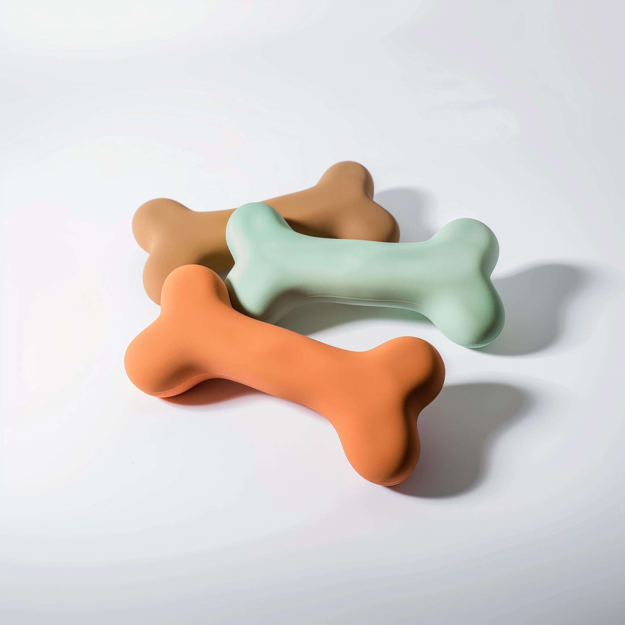 Example product three colorful bone-shaped chew toys on white background