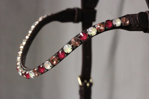 Chunky Swarovski Berries browband with red, cream, and brown crystals on dark leather strap