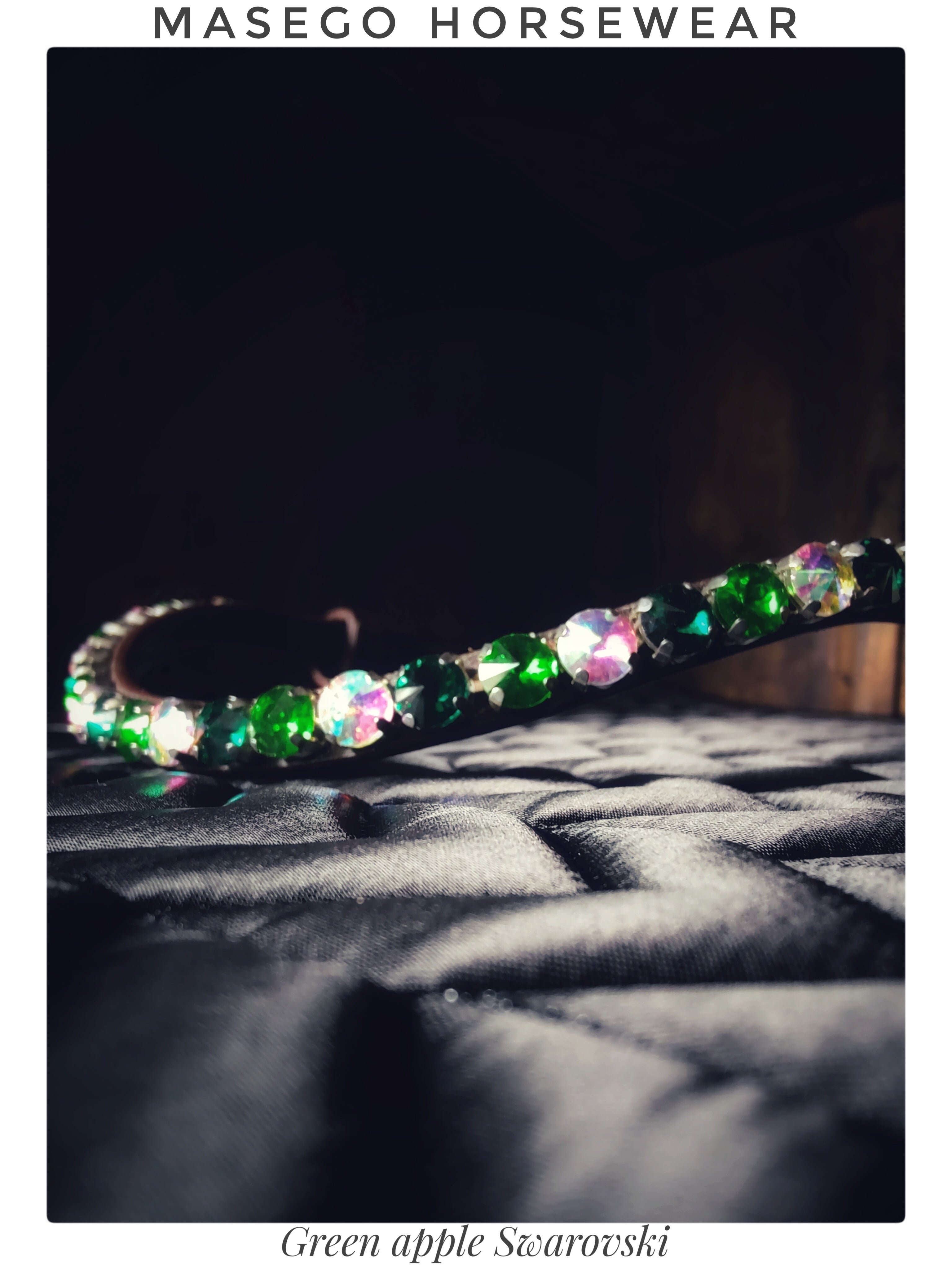 Chunky Swarovski green apple browband with one row of 10mm pyramid-shaped crystals and leather detailing