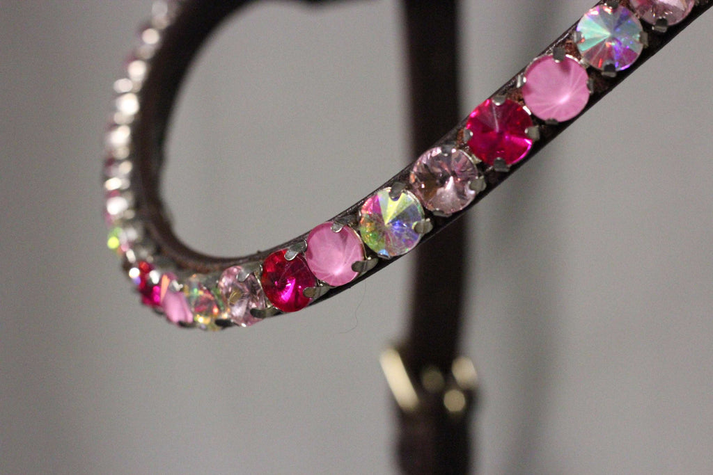 Chunky Swarovski Strawberry milkshake browband with pink and red Swarovski crystals in pyramid shapes on leather strap with brass logo