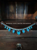 Cool water raindrop browband with blue drop-shaped crystals and white stitching on soft leather