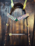 Frosty Jade Italian leather equestrian headband with rainbow-white stones and central teardrop crystal