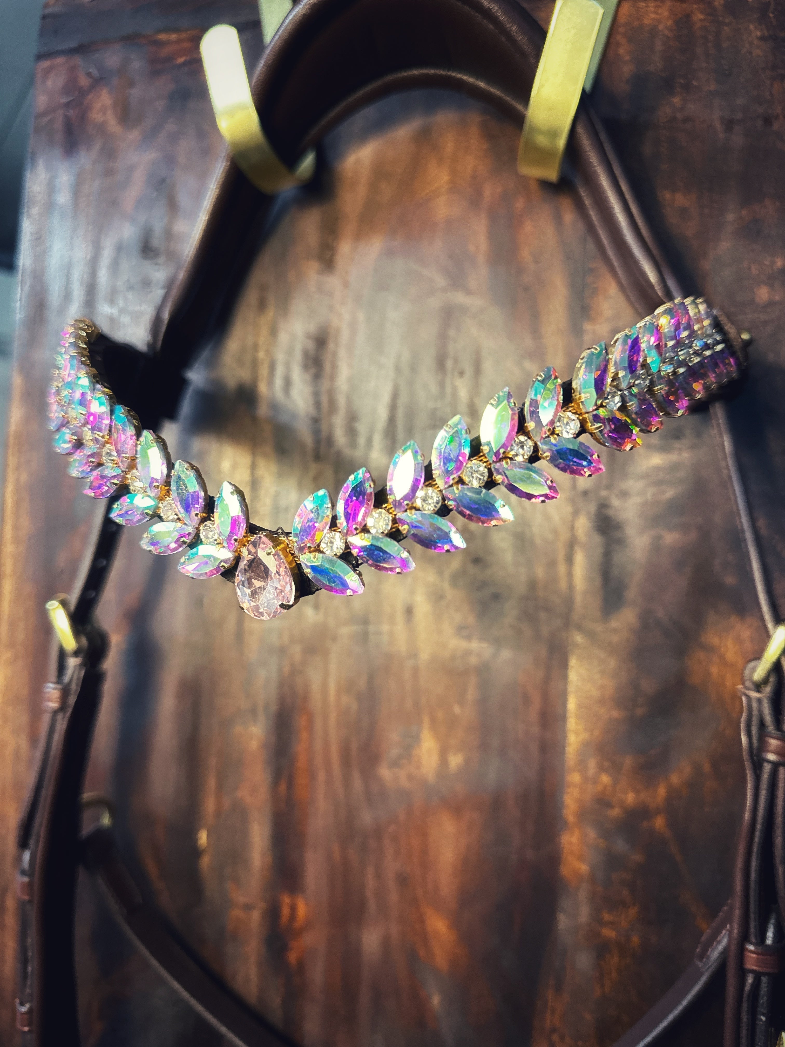 premium Italian leather headband with sparkling rainbow-white stones and teardrop crystal for equestrian gear