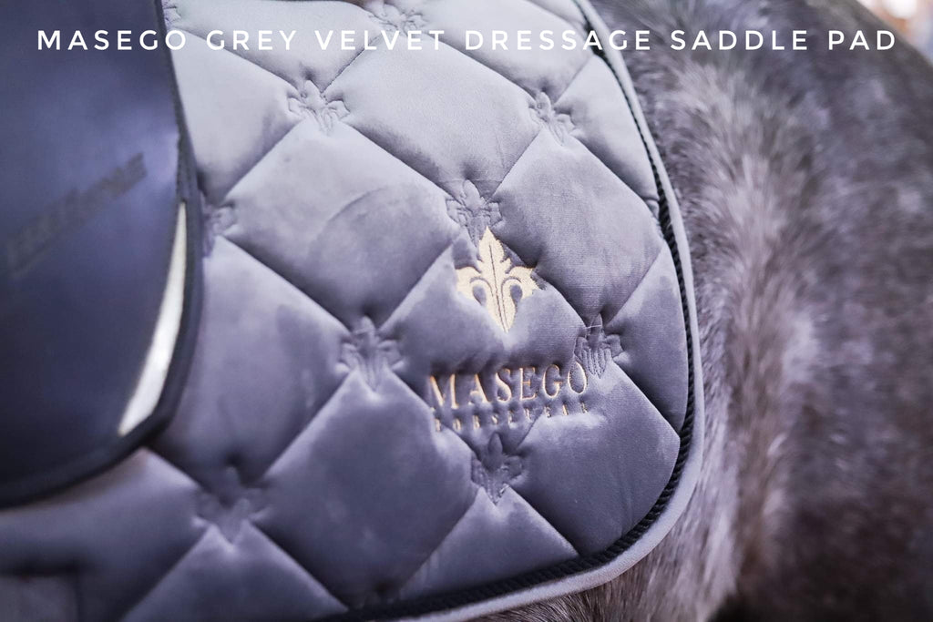Grey velvet dressage saddle pad with black piping and beige gold logo in velvet-like material full size