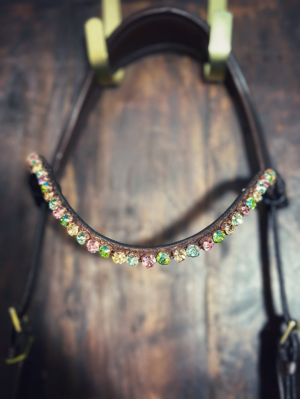 Happy sprinkles browband featuring 8mm colorful stones on brown leather with quick-release clasp for equestrian gear