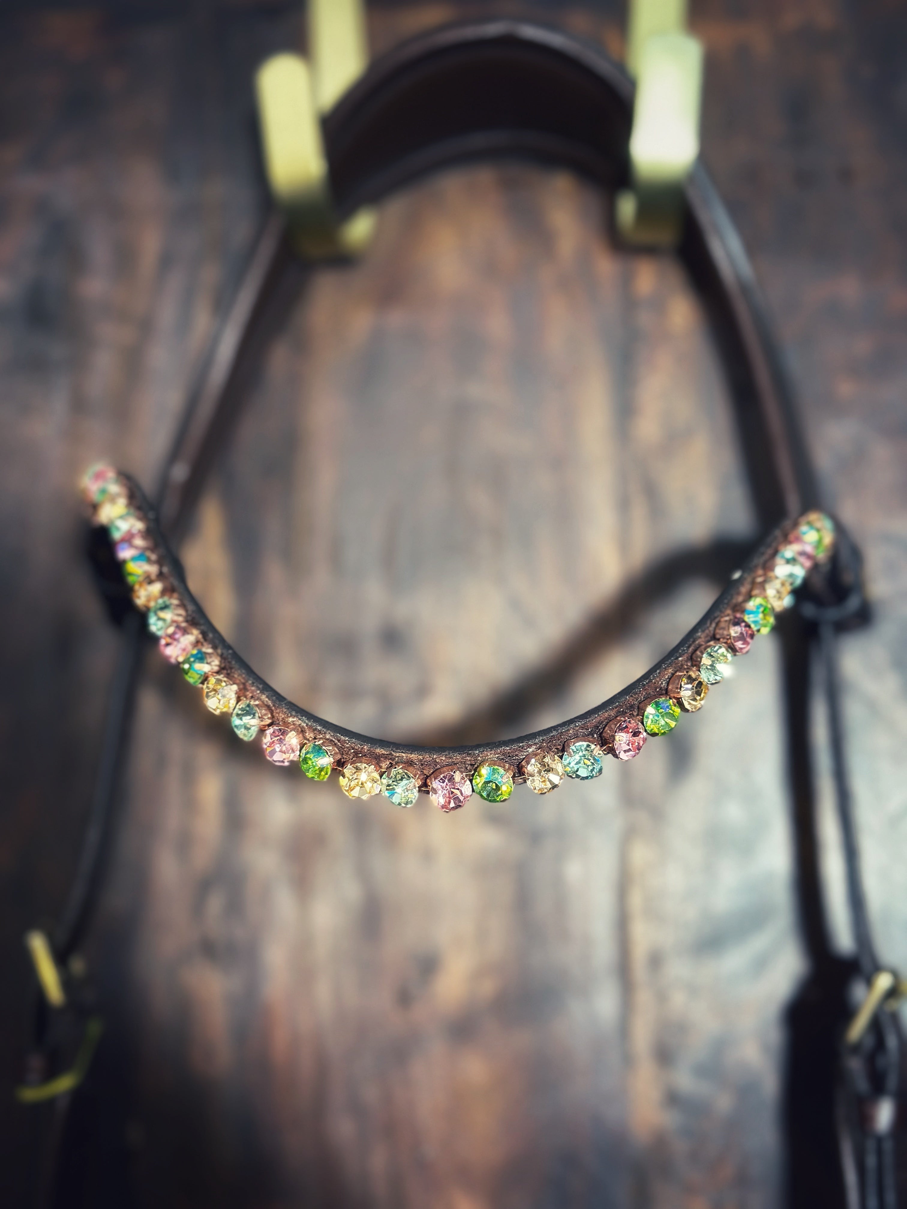 Happy sprinkles browband featuring 8mm colorful stones on brown leather with quick-release clasp for equestrian gear