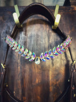 Load image into Gallery viewer, Ice &amp; diamonds leather headband with sparkling rainbow-white stones and teardrop crystal centerpiece for equestrian gear
