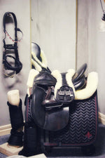 Load image into Gallery viewer, Black Onyx and Cherry satin dressage saddle pad with fishbone quilting and embroidered logo
