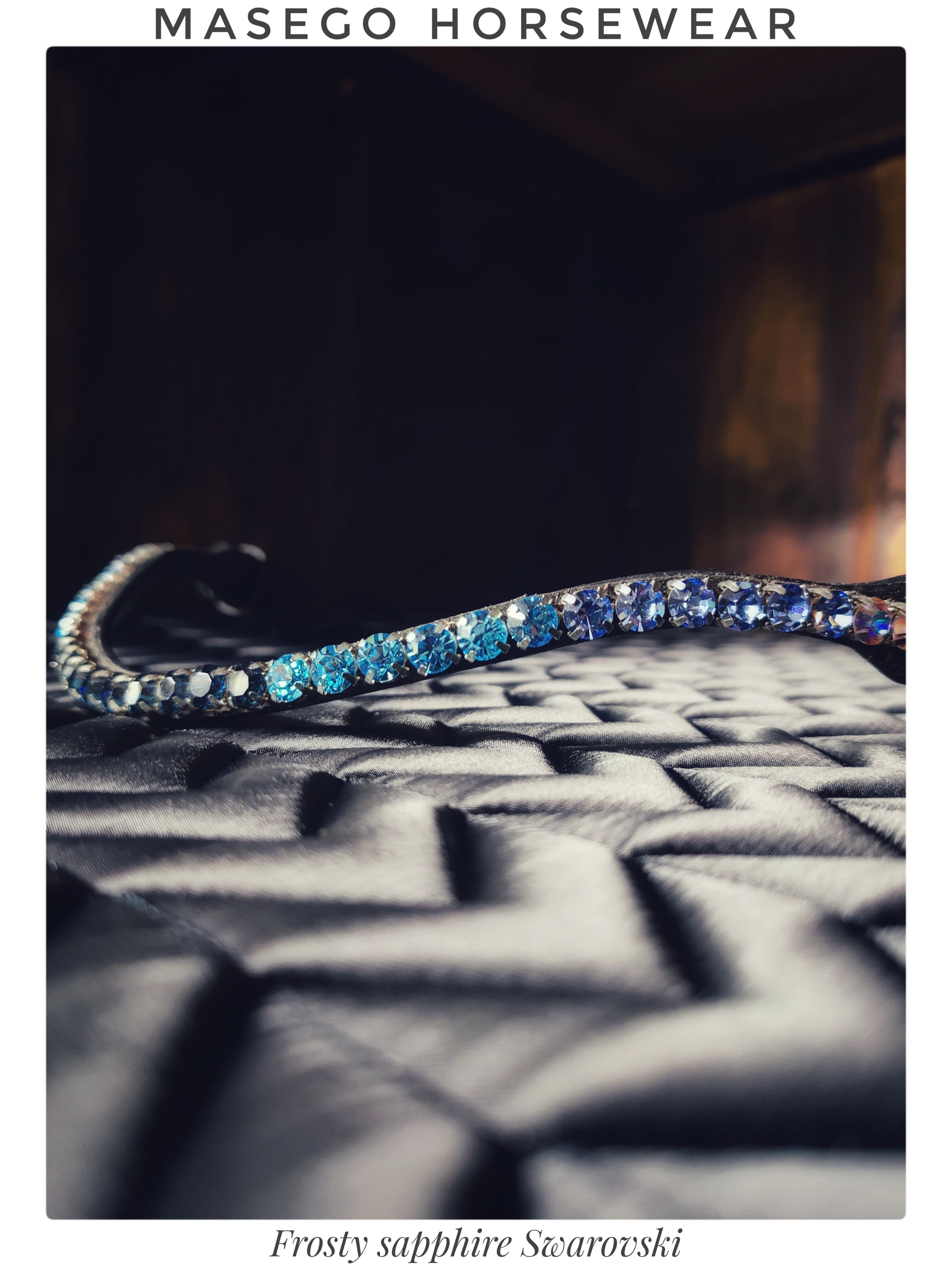 OUTGOING Frosty Sapphire browband with frosty sapphire Swarovski crystals on black leather horsewear accessory