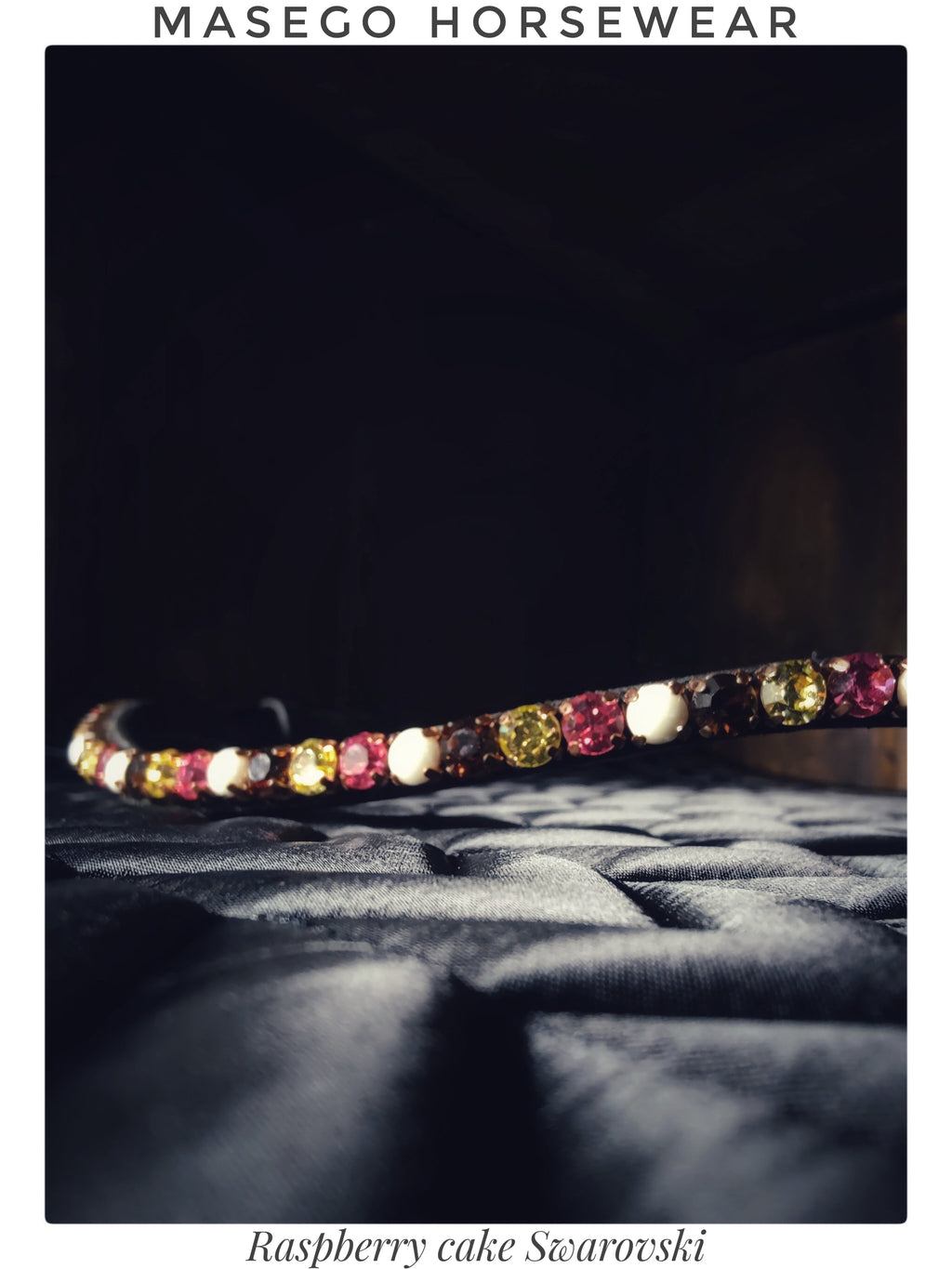 Raspberry cake browband with Swarovski crystals and pearls on black leather for pony, cob, and full bridles