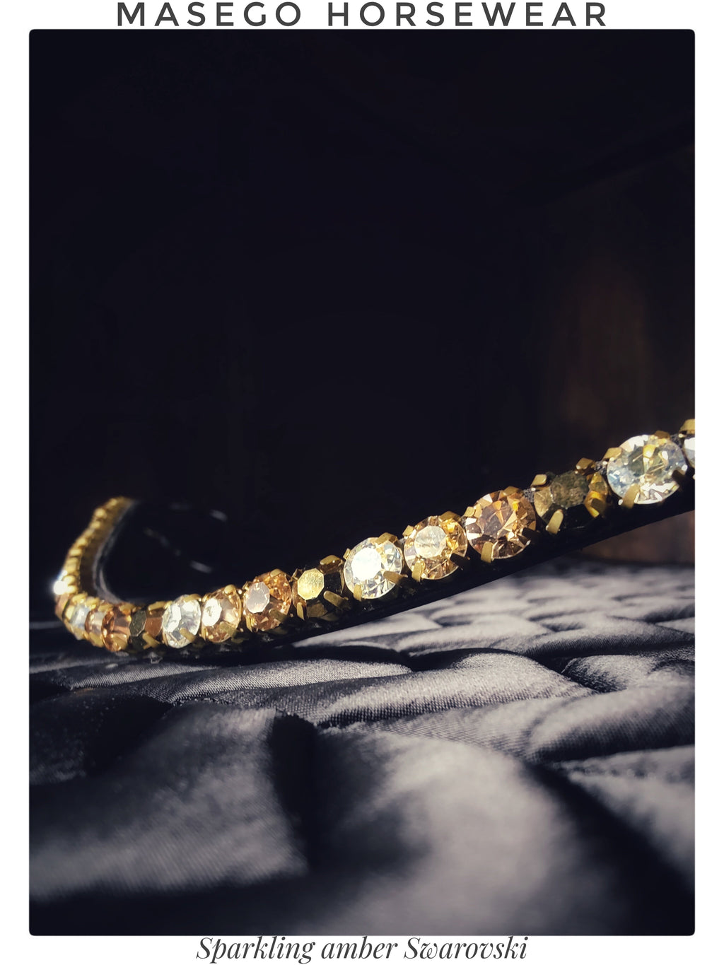 Sparkling amber Swarovski crystal horse bridle browband in black leather with brass logo by Masego Horsewear