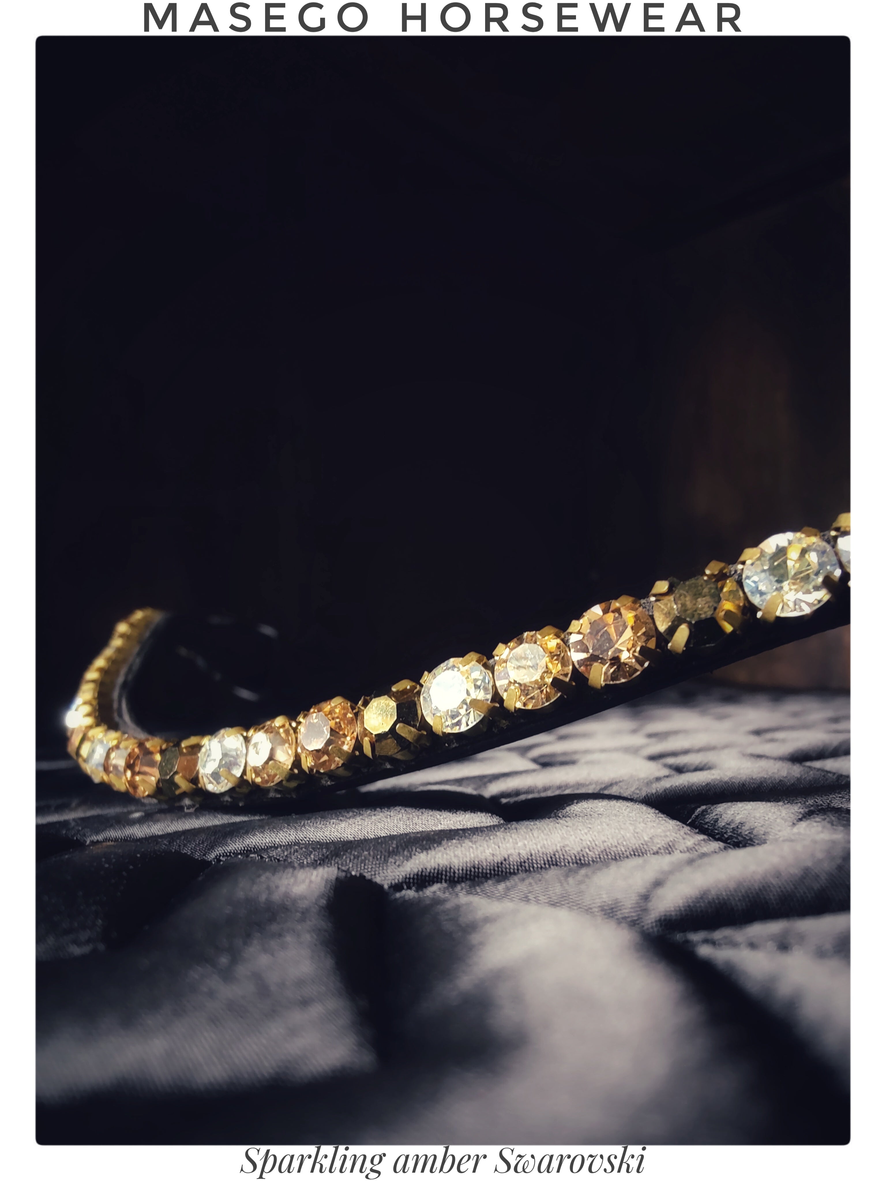 Sparkling amber Swarovski crystal horse bridle browband in black leather with brass logo by Masego Horsewear