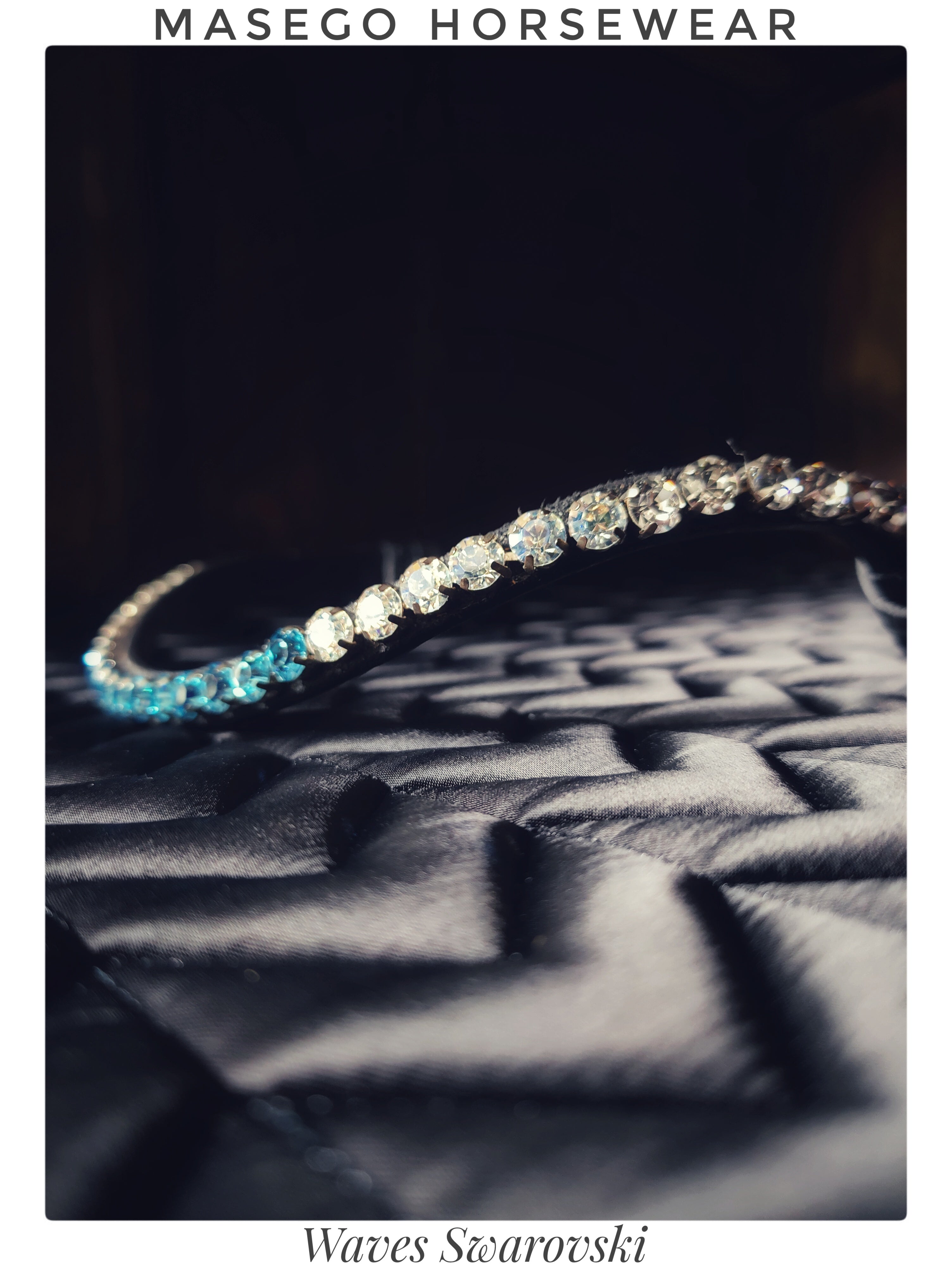 Waves browband in Italian leather with clear and light blue Swarovski crystals designed for easy speed switch with loop and velcro