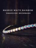 White rainbow browband with Swarovski crystals on black leather for pony, cob, and full sizes