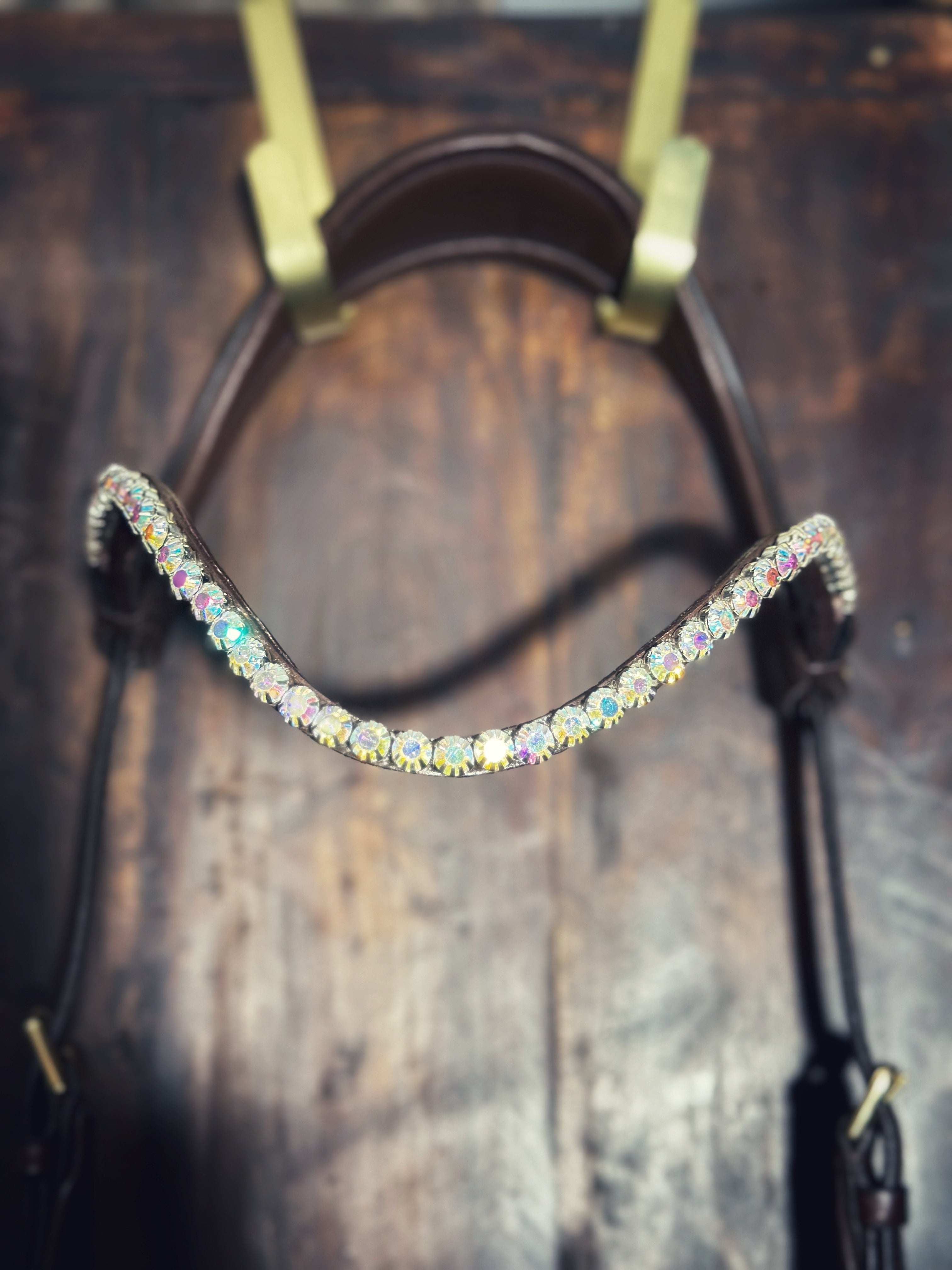 White rainbow U-shape browband with 8mm rainbow crystals on Italian leather for saddlery